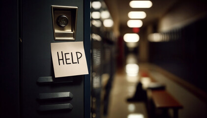 Silent scream, note with the text ''HELP'' on a locker in the hallway of a desolate school, bullying concept