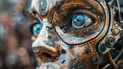 Futuristic Robot Face with Blue Eye and Gears