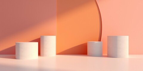 夕方の光の中のピンクとオレンジのカーブ付背景と四つの白い円柱展示台がある抽象横長バナー
