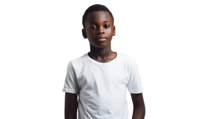 A full body portrait of a young African American teenage boy standing against a pure white seamless background. photorealistic