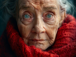 Close-up portrait of an elderly woman with blue eyes and a red scarf.