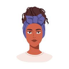 Young black woman portrait, curly hair bun, hairstyle with headband bow. Modern fashion female character, face avatar, stylish look. Flat graphic vector illustration isolated on white background