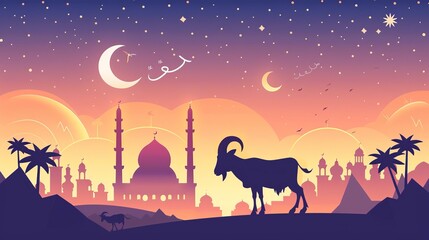 
Muslim holiday Islamic festival Celebratio  Eid al-Adha with buck silhouette and mosque illustration in crescent moon light poster, banner, flyer, background

