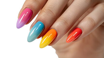 Beautiful woman's hand with spring color nail art. closeup on the nails. on transparent background
