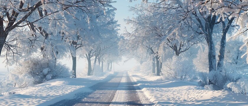 A wintery scene of a tree-lined road