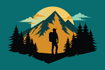 Mountain and forest vector illustration with silhouette of tourist vector