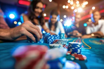 Many people playing a game of poker in a casino. Gambling concept background 