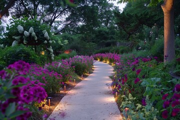 A botanical garden at dusk where flowers transition
