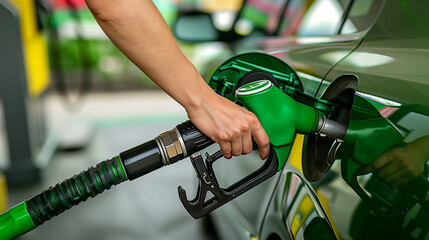 Person Filling Up Car Tank with Green Nozzle at Gas Station - obrazy, fototapety, plakaty