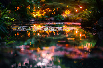 Soft, glowing lights reflected on a still pond,