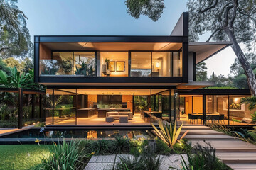 A sleek, angular facade with floor-to-ceiling windows and minimalist landscaping.
