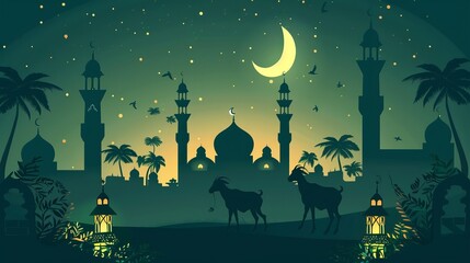 Muslim holiday Islamic festival Celebratio  Eid al-Adha with buck silhouette and mosque illustration in crescent moon light poster, banner, flyer, background