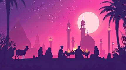 Fototapeta premium Muslim holiday Islamic festival Celebratio Eid al-Adha with buck silhouette and mosque illustration in crescent moon light poster, banner, flyer, background