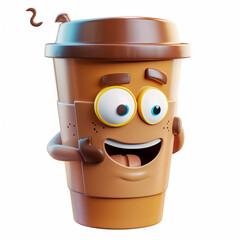 3D Cartoon Coffee Cup with Eyes and Smile on White Background &mdash; Fun and Cheerful Coffee Mug Design