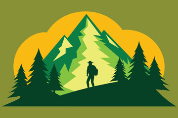 Mountain and forest vector illustration with silhouette of tourist vector