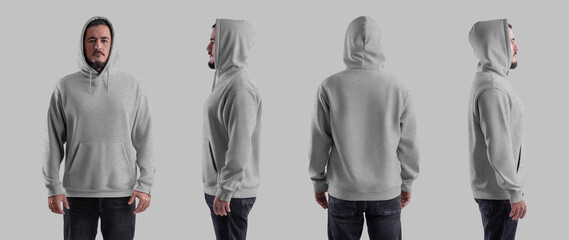 Oversized hoodie heahter template on brutal man in hood, isolated on background, front, side, back view. Set