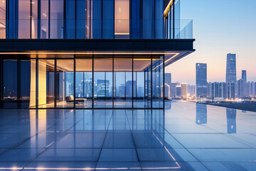 A sleek, minimalist facade with floor-to-ceiling windows reflecting the skyline at dusk.