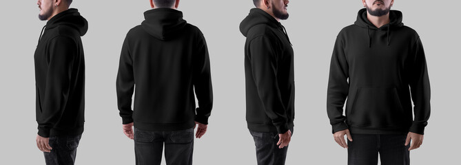 Mockup of a black oversized hoodie on a bearded man, front, side, back view, fashionable clothing for design, branding. Set