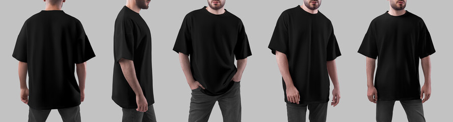 Oversized black t-shirt template on brutal man in jeans, front, side, back view, shirt isolated on background. Set.