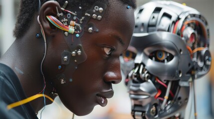 Fototapeta premium As African American engineers soldered wires, their expertise defined their work. to bring the robot to life