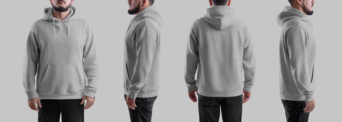 Oversized hoodie heahter template on bearded man, streetwear front, side, back view. Set