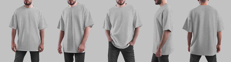 Heahter t-shirt oversized mockup on a bearded man in dark jeans, front, side, back view, clothing for design, branding, advertising. Set.