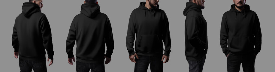 Mockup of black oversized hoodie on brutal man, isolated on background. Set of front, side, back