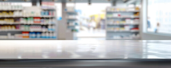 An empty white table inside a food store. Sharp focus on the table. Blurred soft slightly bokeh background with bright lights.