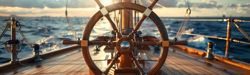 Steering wheel on a boat with a view of the ocean. Banner