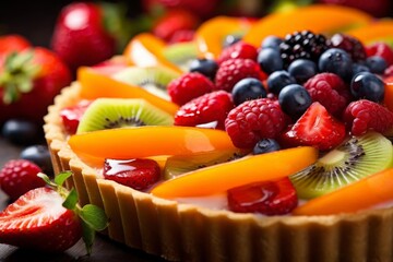 A close up of a fruit tart with strawberries, blueberries, raspberries, and kiwi
