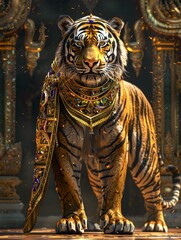 Fototapeta premium Resplendent Thai Tiger A Majestic Embodiment of Strength and Elegance in Gilded Splendor