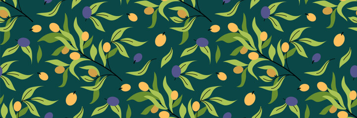 Olive branches seamless pattern. Dark green background with floral illustration. Spring and summer season background. For wallpaper or fabric, packaging, brand. Vector flat illustration.