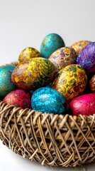 Vibrant Easter Eggs in a Handcrafted Woven Basket with Scandinavian Inspired Minimalist Design and Crisp Lighting