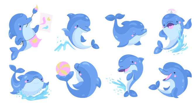 Dolphins characters. Cartoon cute dolphin drawing, play with ball and jump in water waves. Dolphinarium actors, marine animals nowaday vector set