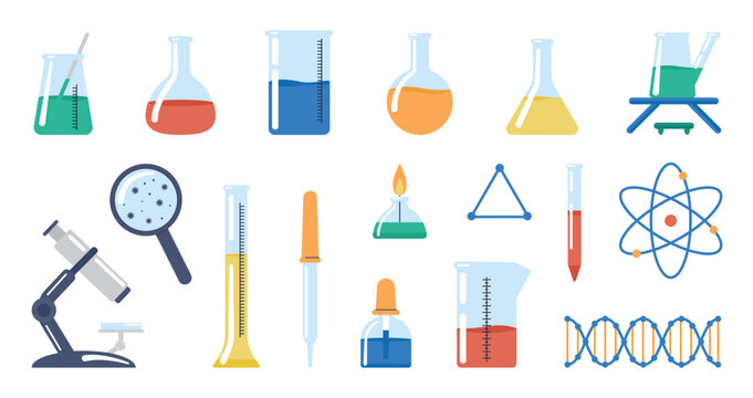 Science equipment. Glass laboratory tubes, dna molecule, burner and pipette. Chemistry or medical research tools, decent vector flat collection