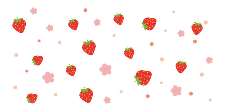 Vector cute summer pattern with strawberries and flowers on a white background, summer flat berries, summer theme, summer patterns for various products