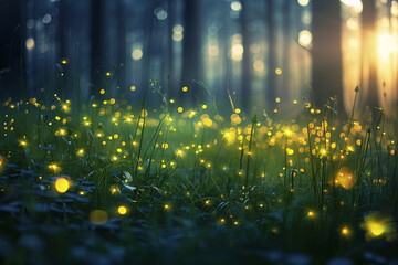 Softly glowing luminescent forest fireflies,