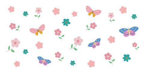 Vector cute summer and spring pattern with flowers and butterfly on a white background, vector flat butterfly, floral theme, print for ceramic dishes or other products