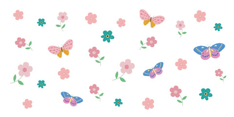 Vector cute summer and spring pattern with flowers and butterfly on a white background, vector flat butterfly, floral theme, print for ceramic dishes or other products © luamor