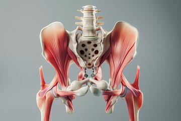 Anatomical 3D illustration of pelvic floor muscles depicting prolapse, in a scientific color tone