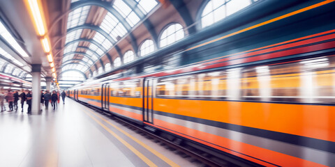 Moving, blurred train in a modern train station or terminal. Colorful image.