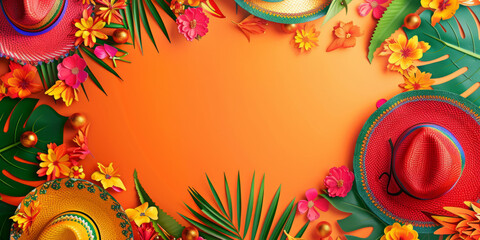 Cinco de mayo holiday background with Mexican party sombrero hats, flowers and petals