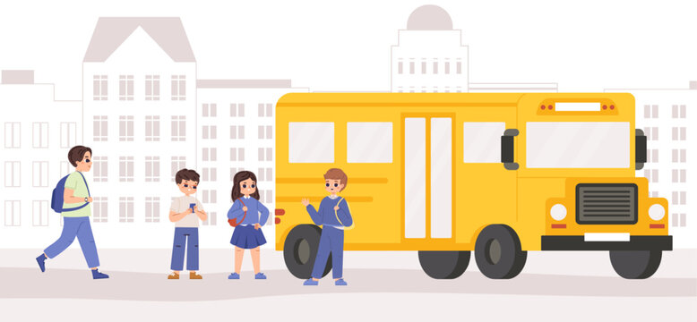 Students waiting school bus in city. Cartoon pupils with backpack, wait line or queue on stop. Different children, education and transportation vector scene