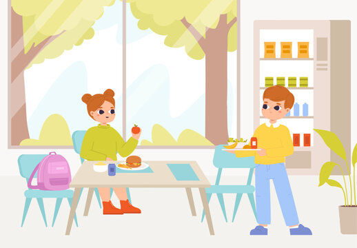 Children on breakfast or lunch on school or kindergarten canteen. Kids cafe, little students eating together. Friendship, tasty meals vector scene