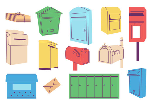 Isolated mailbox. Flat letterboxes and letters piles. Postal box for street and apartments. Cartoon post containers, envelopes, decent vector set
