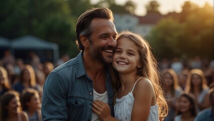 Handsome father and beautiful daughter hugging, outdoor background, vibrant cinematic look
