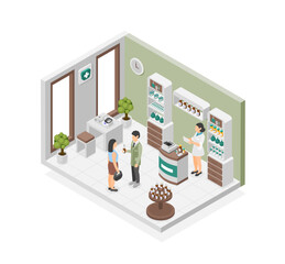 Pharmacy isometric concept. Client buy medication and consulting with pharmacist. Healthcare marketing, pills and medical tools, flawless vector scene
