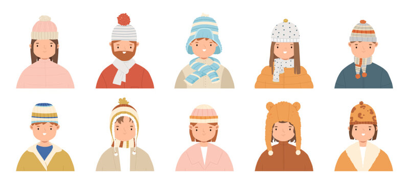 People winter portraits. Cute boys girls wear warm hats and scarves. Person in cold weather in scarf and hat. Stylish snugly vector characters