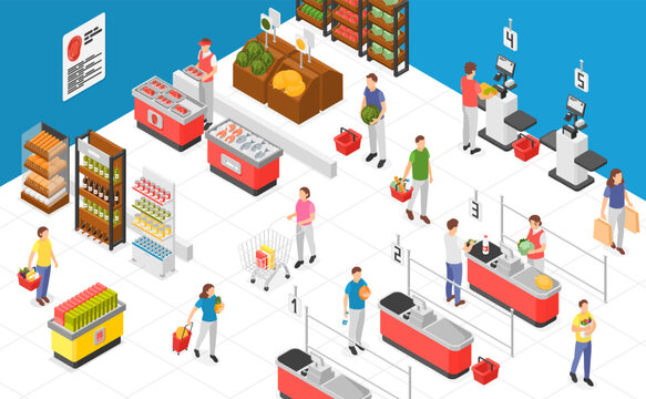 Isometric trading hall in supermarket interior. Products stands and stalls, cash services. Cashier and self service zone, grocery shopping flawless vector scene