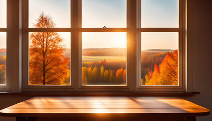 Beautiful autumn window with sunset light